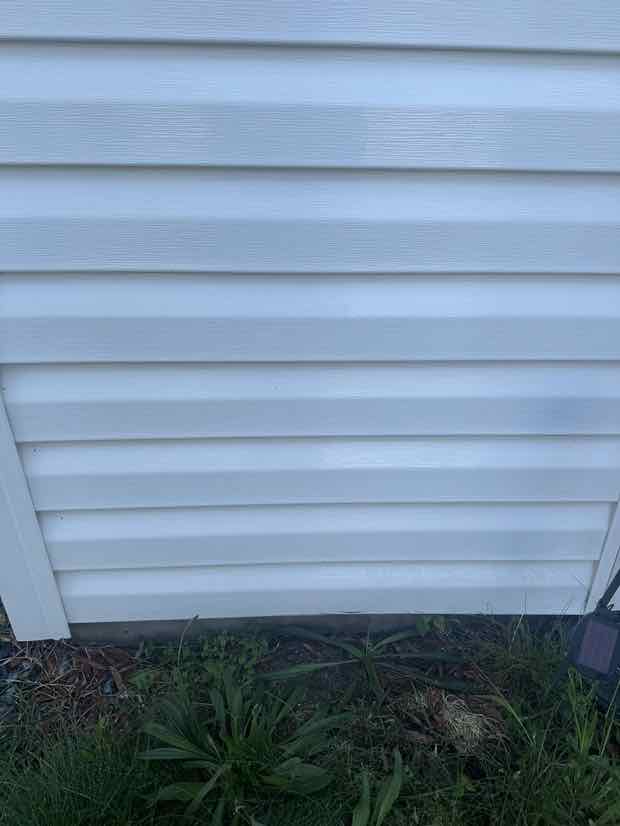 The same vinyl siding after soft washing — uniformly white with no algae.