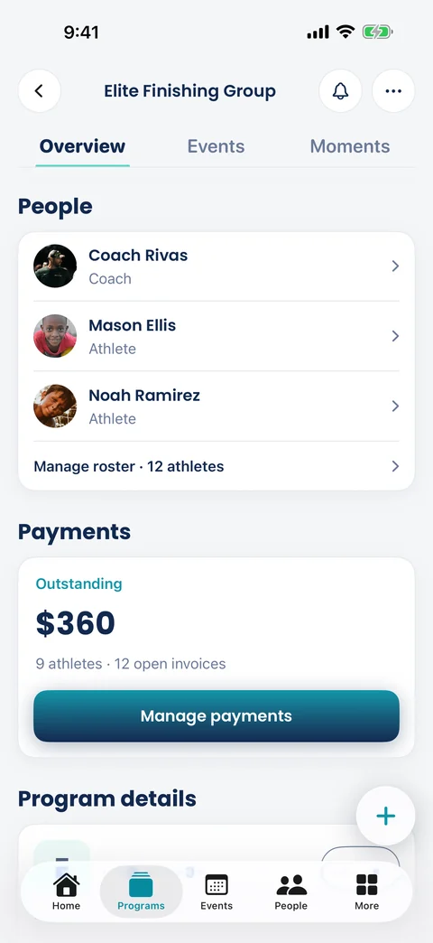 MiNT coach program page with the roster and payments