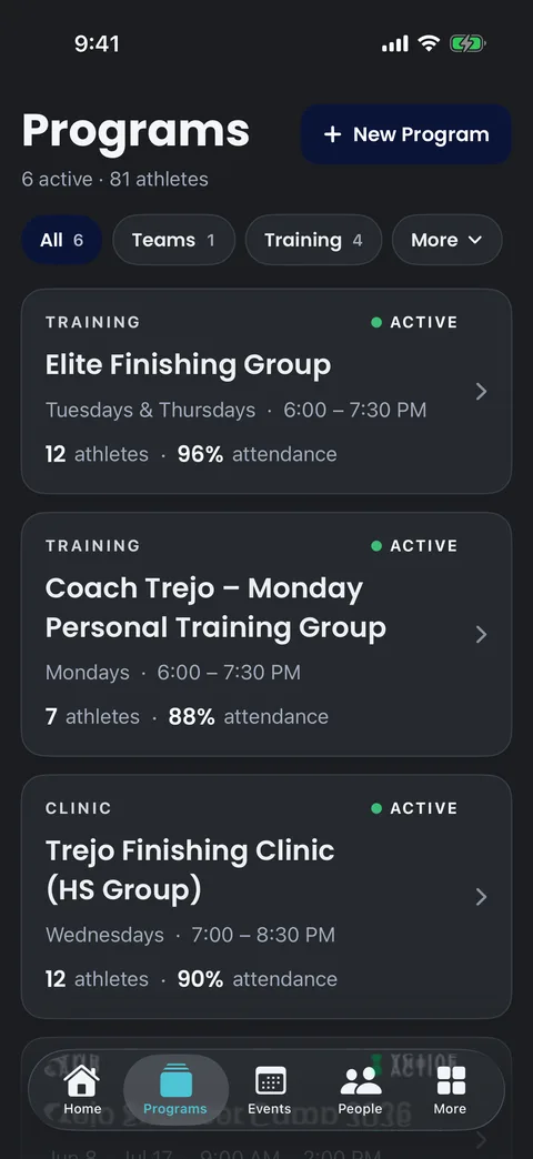 MiNT coach screen showing programs and attendance