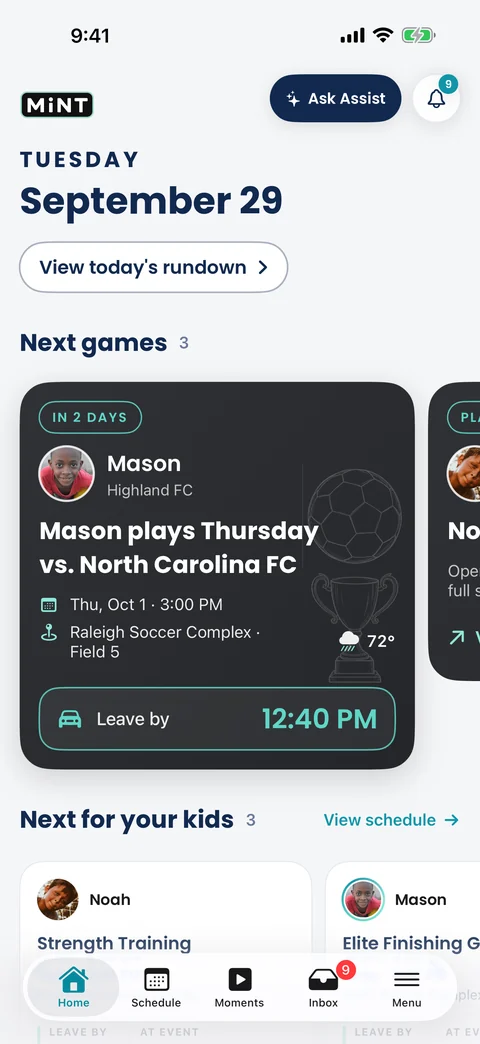 MiNT family home screen with the next games and when to leave