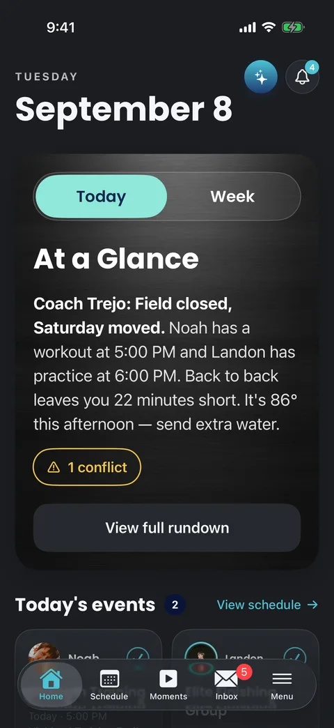 MiNT family home screen with the day's events and schedule conflicts