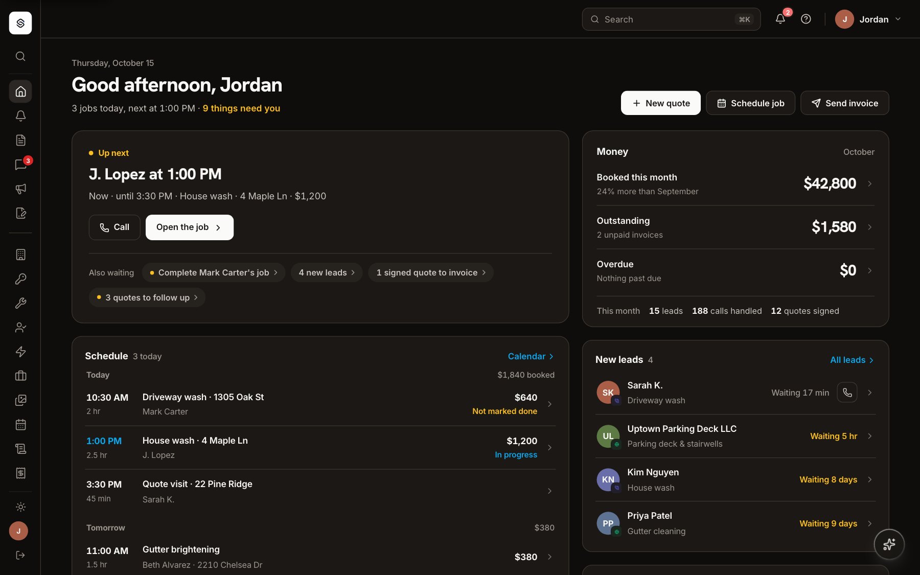 Stranex OS dashboard home: the next job, money, schedule and new leads (sample data)